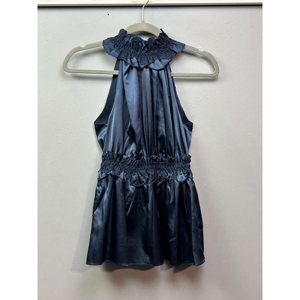 Max‎ Studio Top Womens XS Navy Blue Ruffle Mock Neck Sleeveless Top Blouse